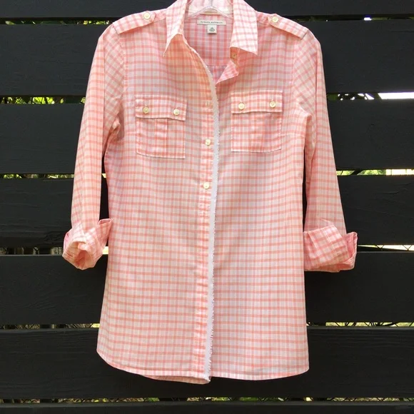 Banana Republic Gingham coral orange button down 100% cotton shirt XS - Picture 14 of 14